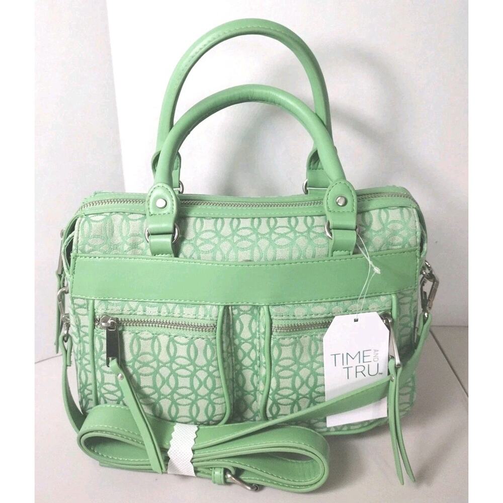 Green Geometric Satchel Top Handle Bag with Detachable Strap Zipper Pockets